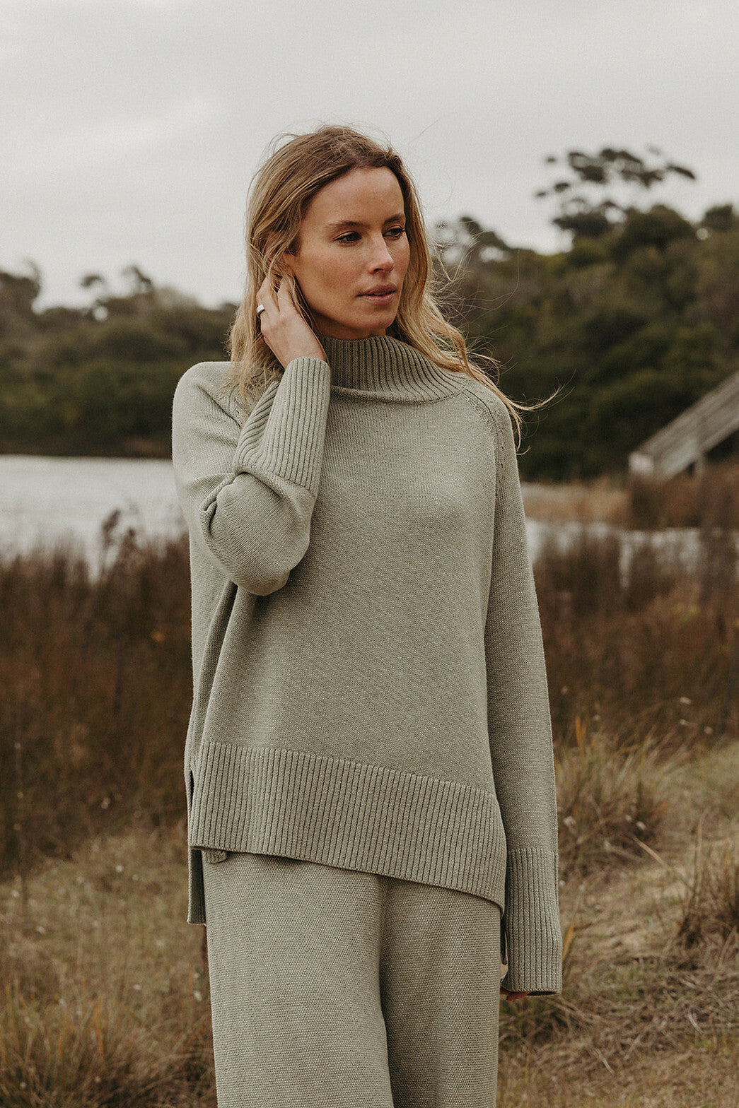 Harmony Merino Cotton Mock Neck Pullover Acacia