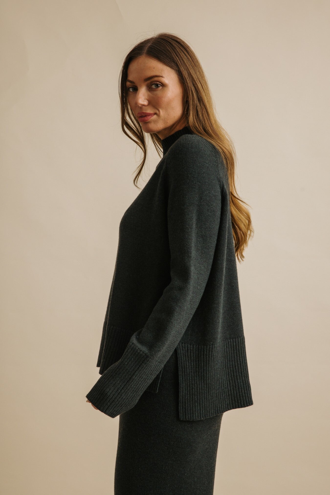 Harmony Merino Cotton Mock Neck Pullover Pine