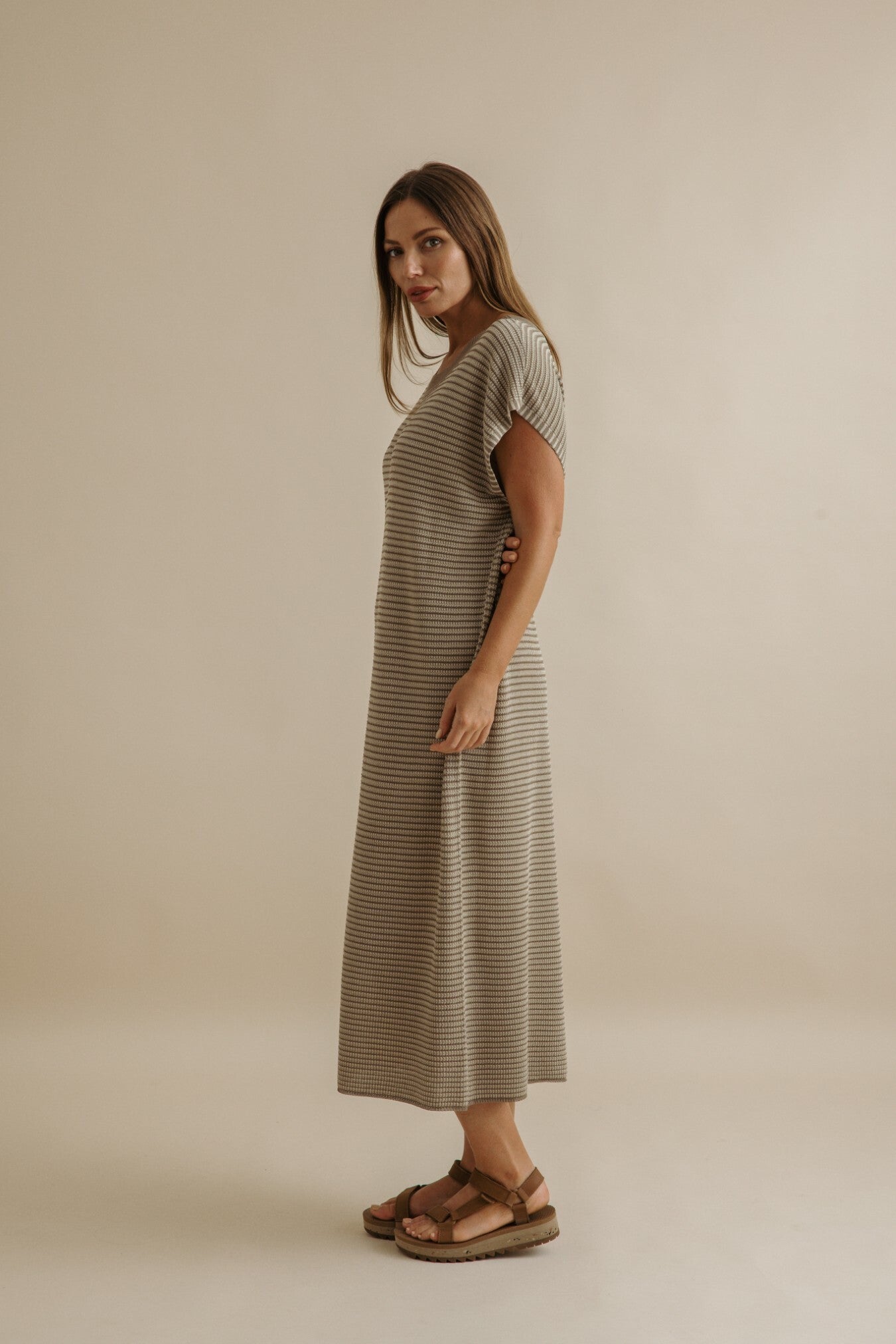 Lattice Knitted Dress Khaki x Gold