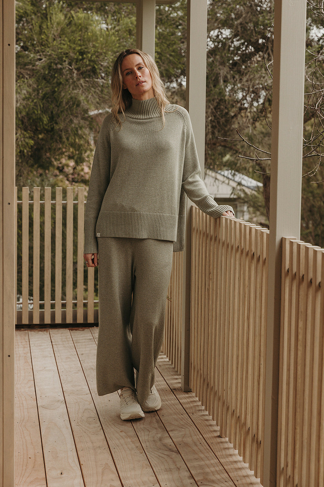 Harmony Merino Cotton Mock Neck Pullover Acacia