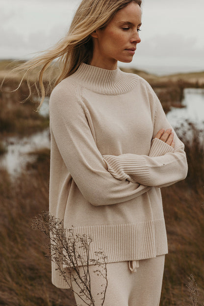 Harmony Merino Cotton Mock Neck Pullover Nougat
