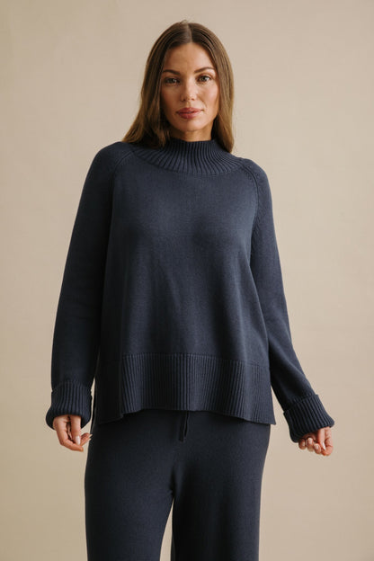 Harmony Merino Cotton Mock Neck Pullover Lake