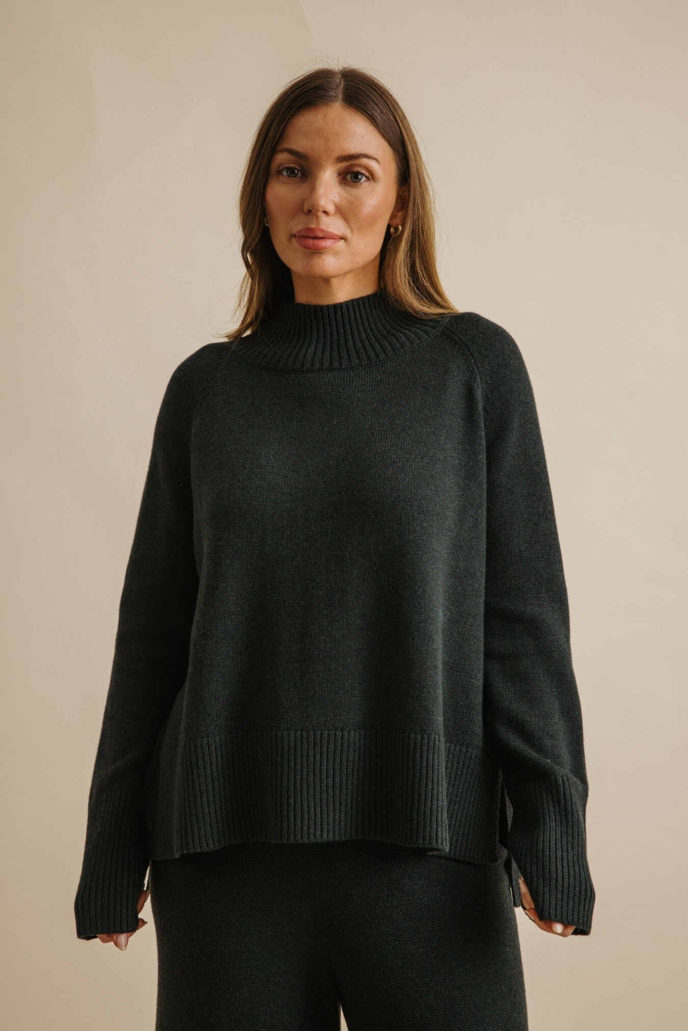 Harmony Merino Cotton Mock Neck Pullover Pine