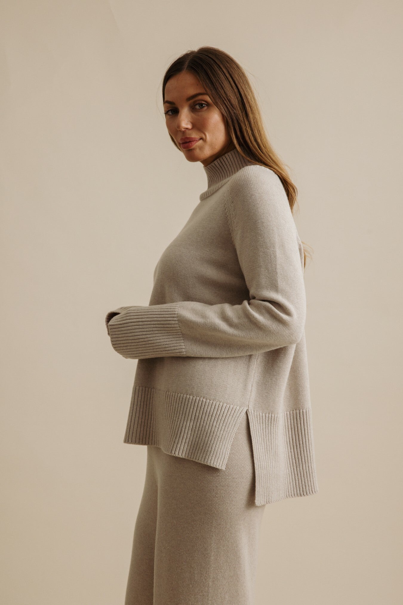 Harmony Merino Cotton Mock Neck Pullover Wheat