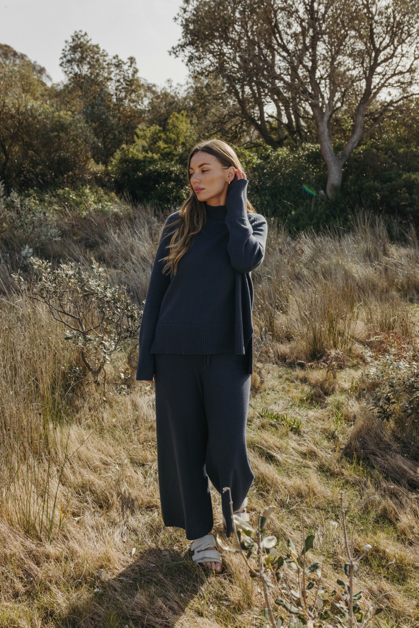 Harmony Merino Cotton Mock Neck Pullover Lake