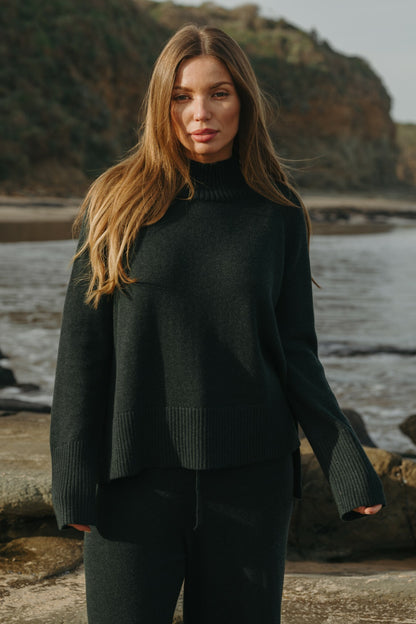 Harmony Merino Cotton Mock Neck Pullover Pine